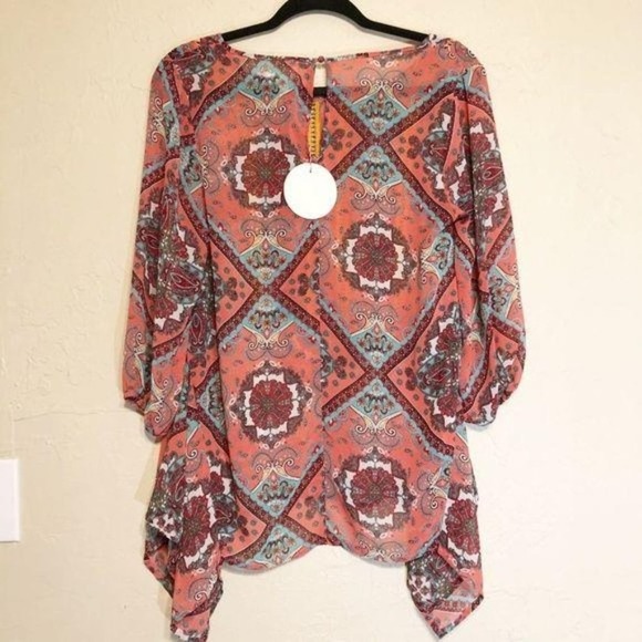 Umgee Womens Top Small BOHO Asymmetrical Hem Cut Out Neckline Sheer Blouse - Picture 2 of 4